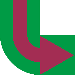 Grün-magenta, gebogener Pfeil, der von oben nach rechts zeigt.