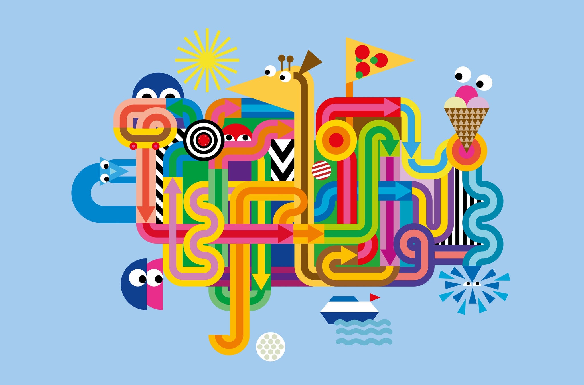Buntes ZVV-FerienPass-Sujet mit verspielten Sommermotiven wie Eis, Giraffe, Pfeilen, Boot und Sonne auf blauem Hintergrund.