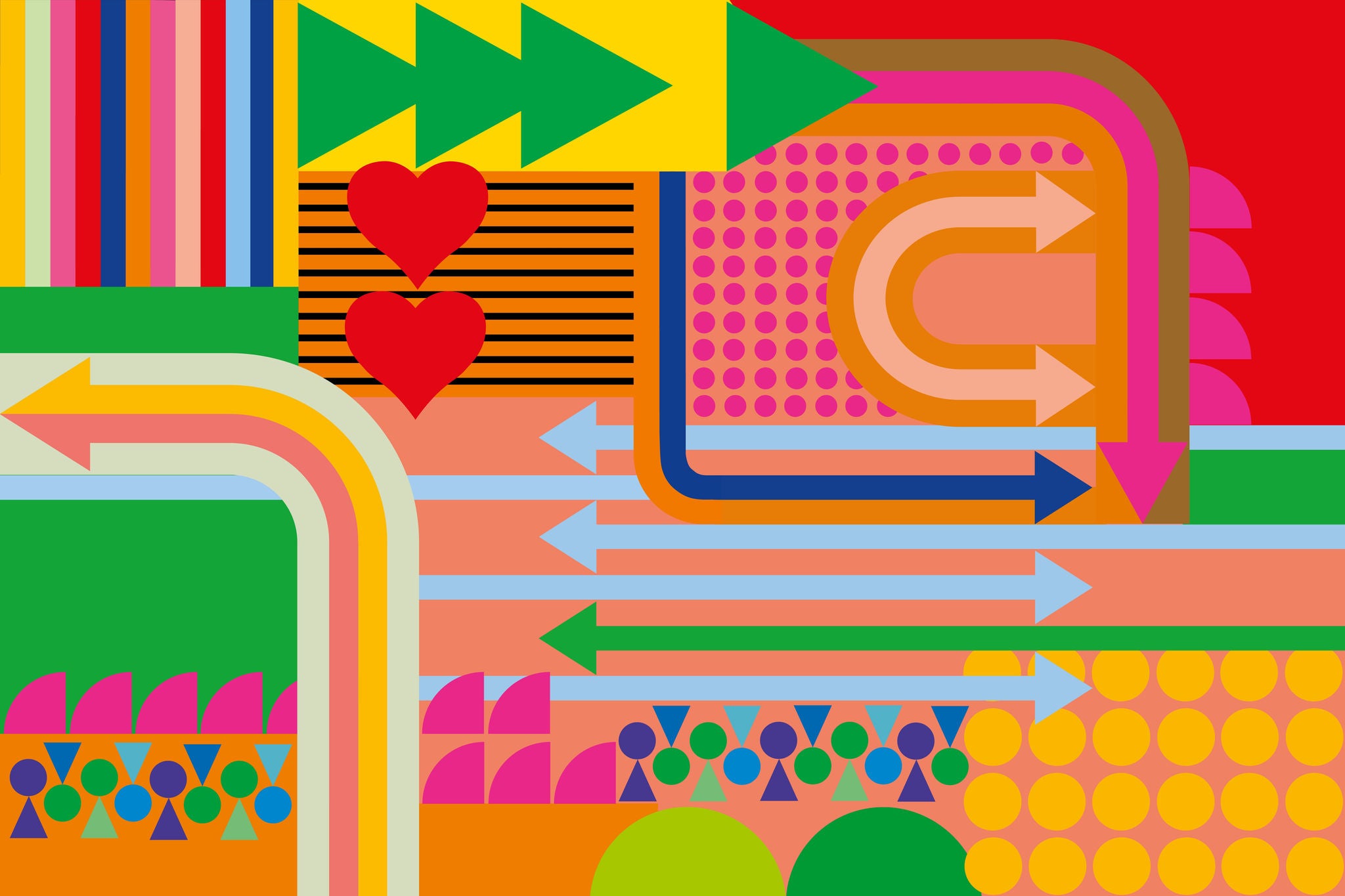 Buntes, abstraktes Grafikdesign mit geometrischen Formen und lebendigen Farben. Die Komposition enthält zahlreiche Pfeile in verschiedenen Richtungen (rechts, links, oben, unten, gebogen), stilisierte rote Herzen, Punkte, Streifen sowie Dreiecke und Kreise in verschiedenen Farben. Links oben verlaufen bunte vertikale Streifen, daneben grüne Pfeile auf gelbem Hintergrund. Im Zentrum sind blaue Pfeile, die nach rechts zeigen, während andere nach links und unten verlaufen. Die untere Bildhälfte enthält grafische Muster aus Kreisen und Dreiecken in Pink, Blau, Grün und Orange. Die gesamte Grafik wirkt dynamisch, verspielt und modern.