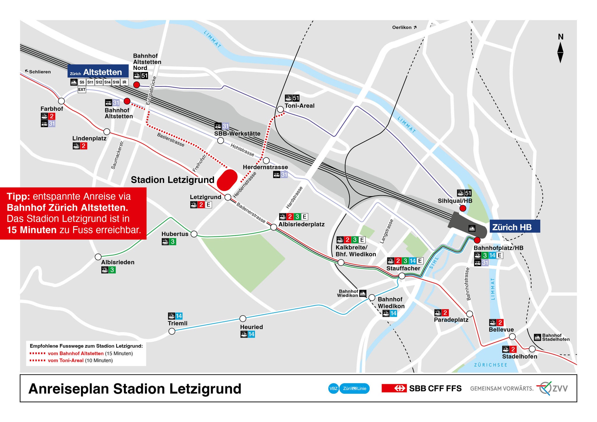 Plan für die Anreise zum Stadion Letzigrund. 