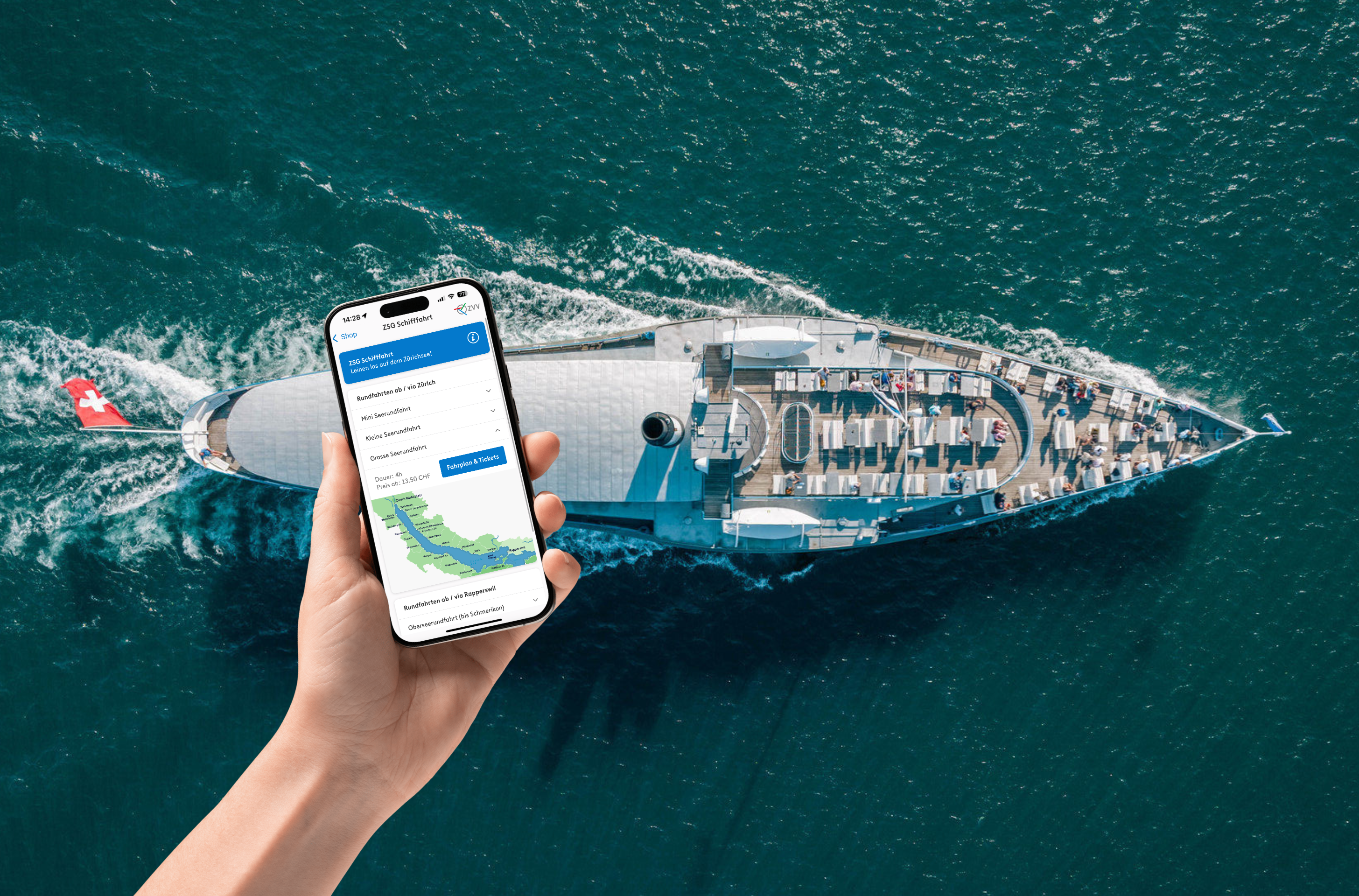 Vogelperspektive von Schiff mit Hand mit geöffneter ZVV-App auf dem Handy