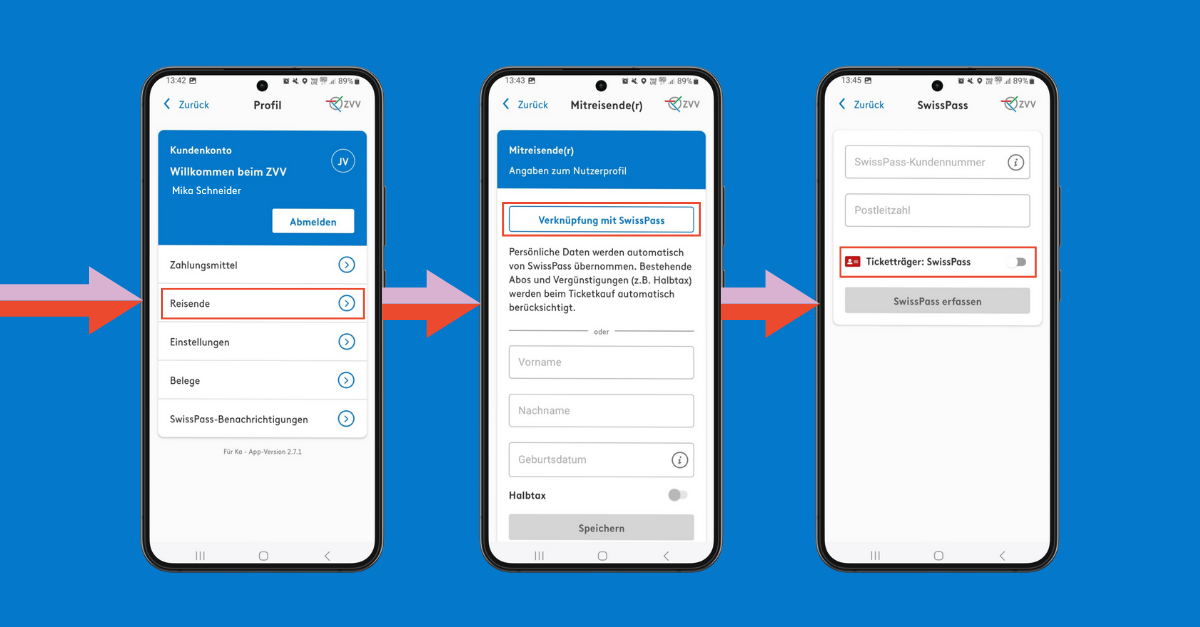 Screenshots der ZVV-App, die bildlich erklären, wie über das eigene Profil der SwissPass einer weiteren Person erfasst werden kann.