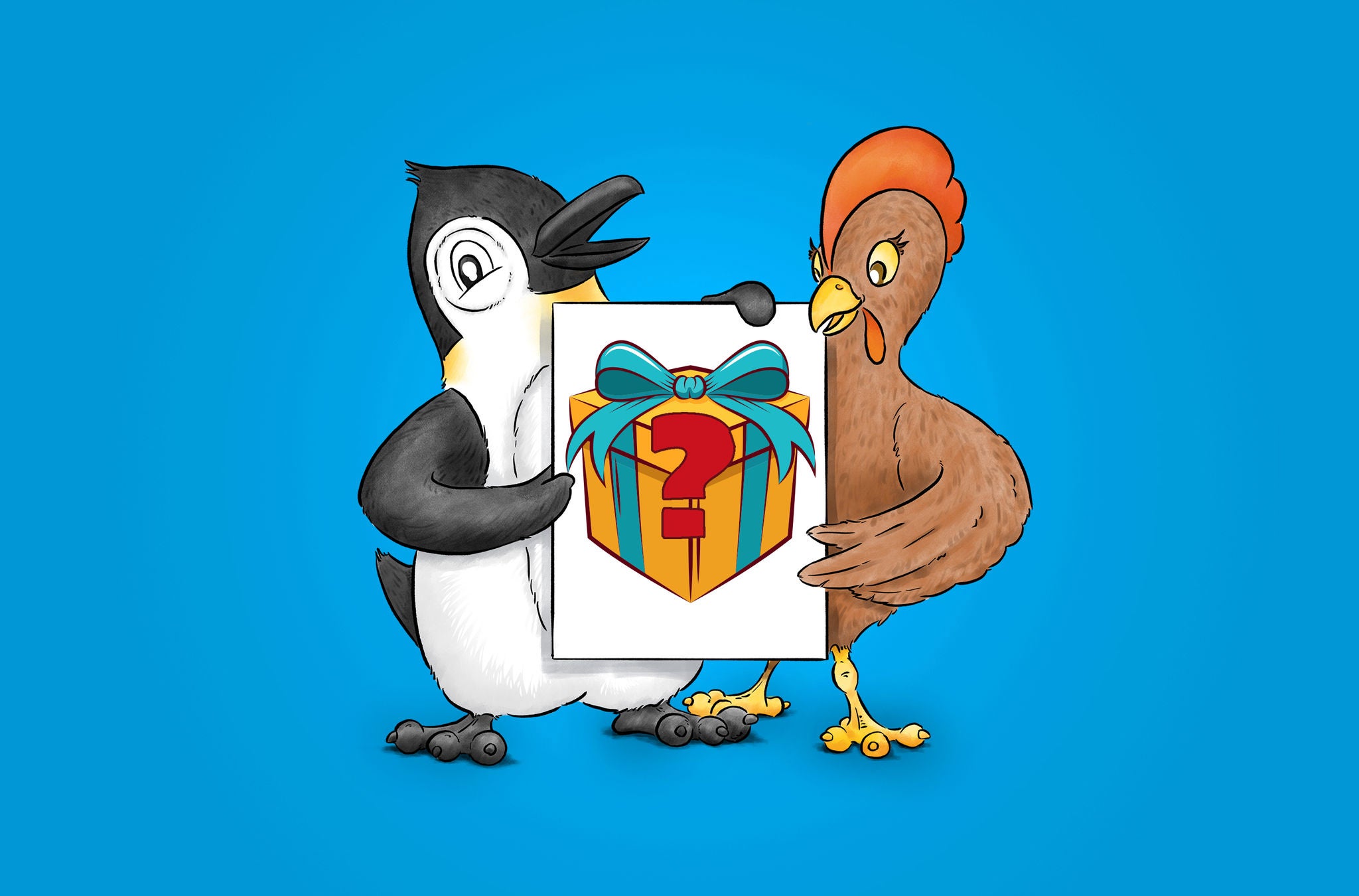 Ringo und seine Freundin Henrietta halten ein Bild von einem Geschenk.