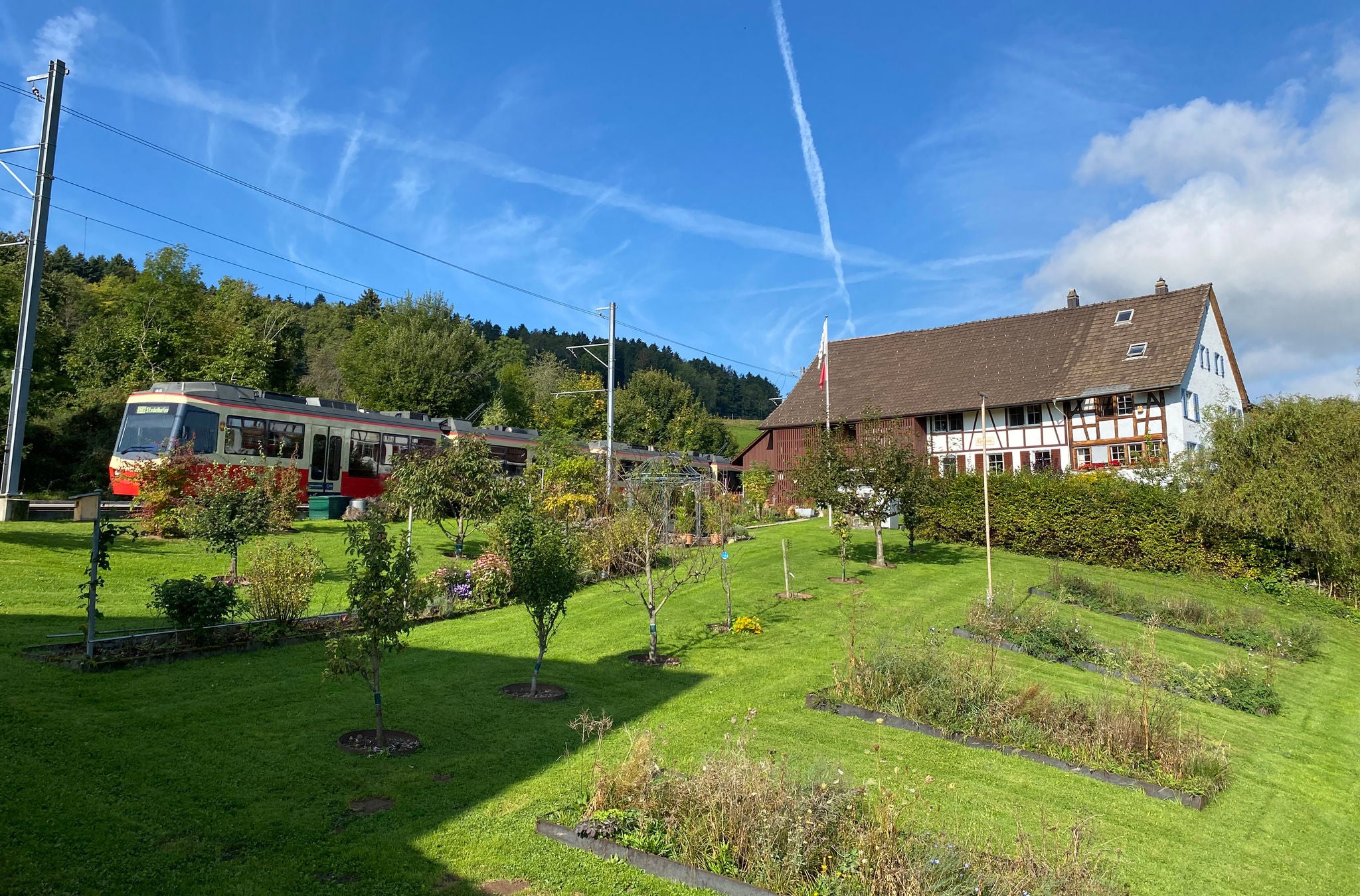 Die Forchbahn von aussen auf einer Fahrt Nähe Heuberg
