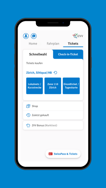 ZVV-App Tickets Printscreen der ZVV-App Ticketseite mit Schnelleinstieg und Check-in Ticket