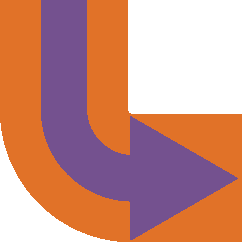 Violett-gelber,Orange-violetter, gebogener Pfeil, der von oben nach rechts zeigt.