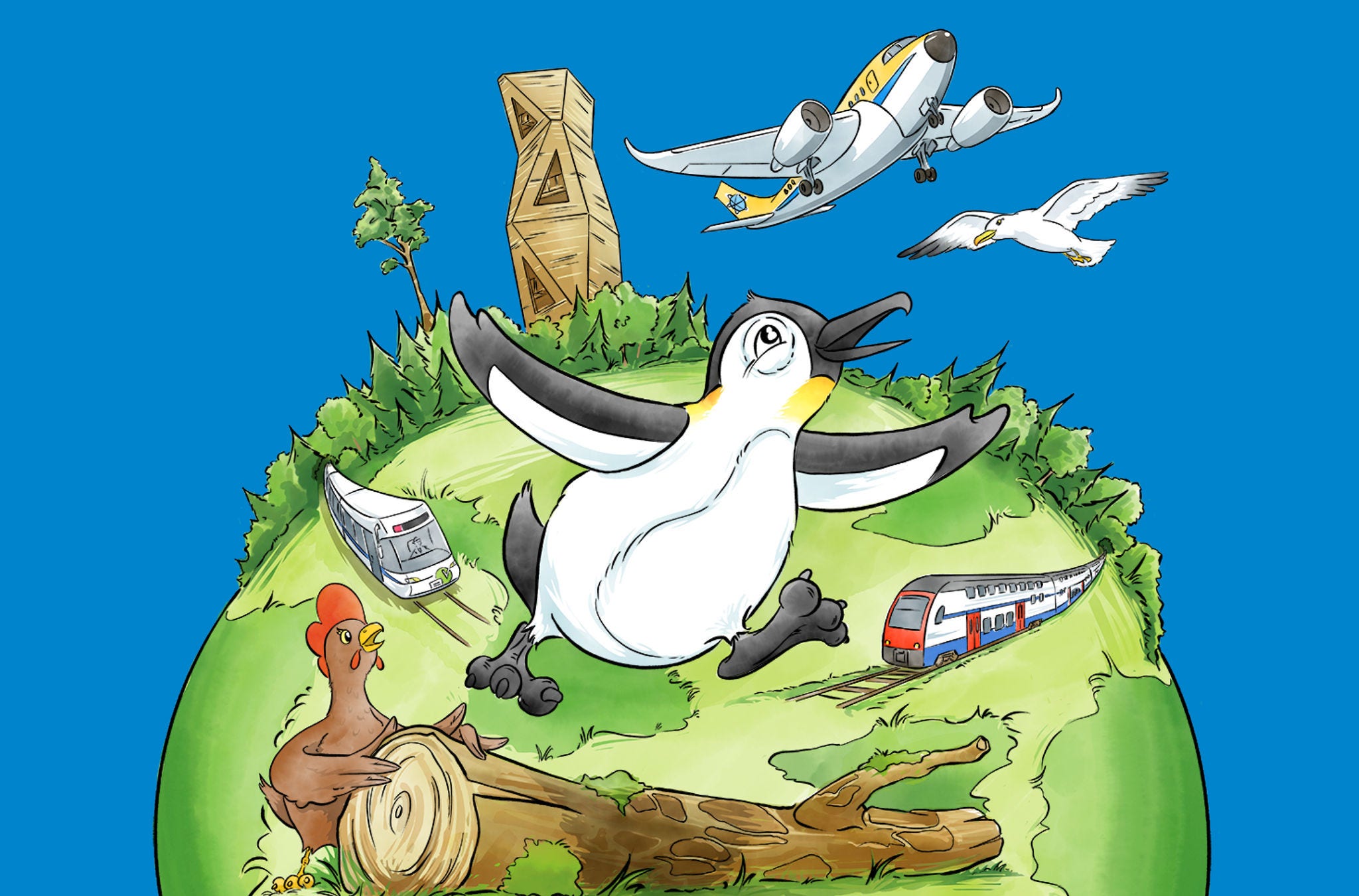 Illustration von Pinguin Ringo mit Tram, Zug, einem Flugzeug und dem Hardwaldturm.