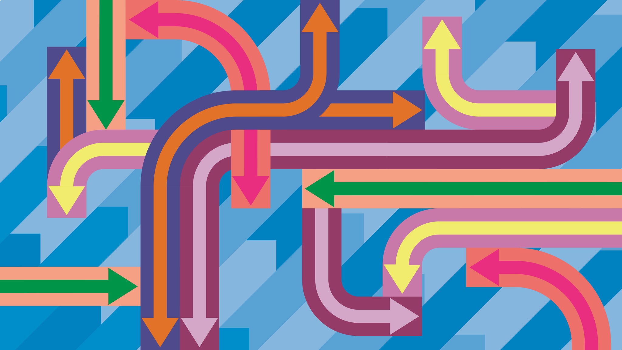 Dynamische Grafik bestehend aus farbigen Pfeilen auf blauem Grund