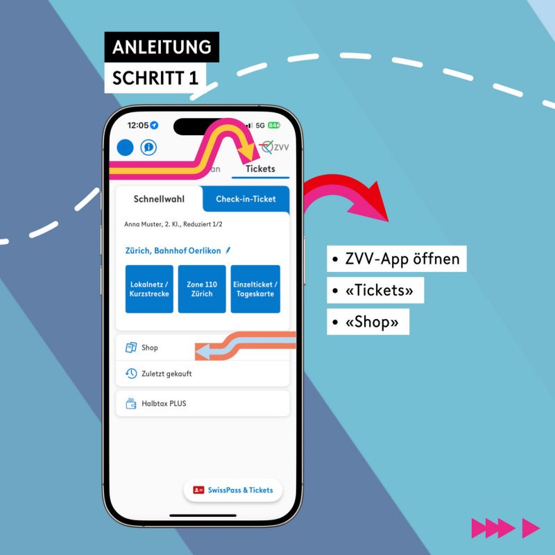 Screenshot von ZVV App mit Anleitung zum Ticketkauf