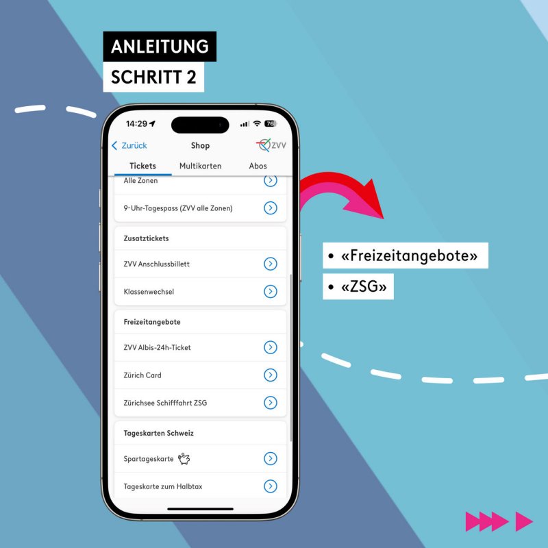 Screenshot mit Anleitung zum Ticketkauf in ZVV App