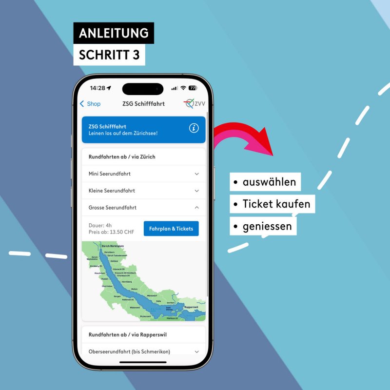 Screenshot von ZVV App mit Anleitung zum Ticketkauf