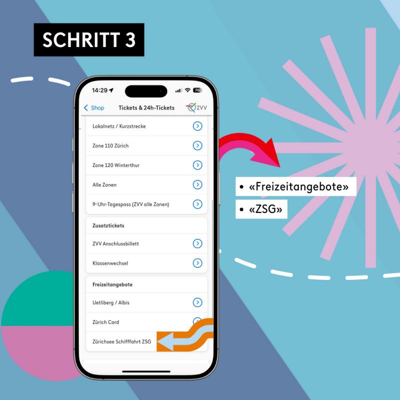 Screenshot von ZVV-App mit Anleitung zum Ticketkauf