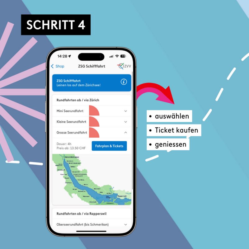 Screenshot von ZVV-App mit Anleitung zum Ticketkauf