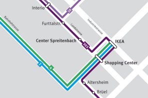 Lageplan der Haltestellen Spreitenbach, Shopping Center, IKEA und Center Spreitenbach