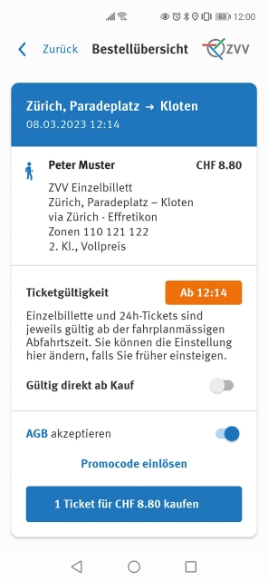 Screenshot, der Ticketkauf in der ZVV-App zeigt.