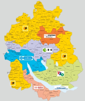 Karte des Kantons Zürich, die zeigt, in welchen Regionen welche Verkehrsunternehmen marktverantwortlich sind. Die Karte vergrössert sich durch Anklicken.