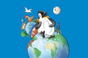 Der Pinguin Ringo reist mit der Luftseilbahn auf die Felsenegg und wandert auf dem Planetenweg zum Uetliberg. 