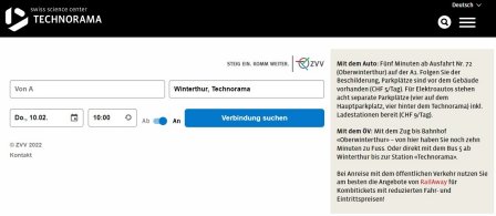 Bildschirmfoto der Technorama-Website, auf der die ZVV-Fahrplanabfrage integriert ist.