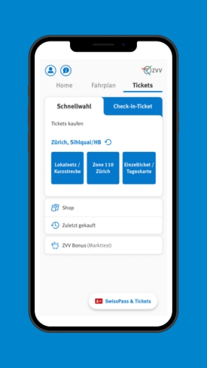 Printscreen der ZVV-App Ticketseite mit Schnelleinstieg und Check-in Ticket
