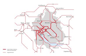 Karte des Grossraums Zürich, in die der mögliche Perimeter der inneren S-Bahn eingezeichnet ist. Die Grafik kann durch Anklicken vergrössert werden.