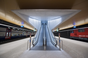 Photo of a moving staircase in the underground station Löwenstrasse in Zurich