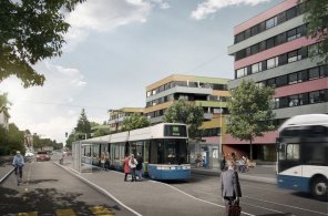 View of Pfingstweidstrasse in Zurich-West, in the foreground on the left the new tram tracks, in the foreground a visualization of the Affoltern tram, on the left a bicycle path and on the right a bus.