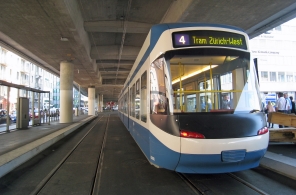 The tram Zürich-West stopping beneath the Hardbrücke.
