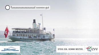 Feels sooo good. A steamboat of the Zürichsee Schifffahrt Gesellschaft leaves the harbor of Zurich and sails into the blue.