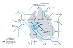 Karte des Grossraums Zürich, in die der mögliche Perimeter der äusseren S-Bahn eingezeichnet ist. Die Grafik kann durch Anklicken vergrössert werden.